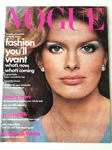 Francesco Scavullo photographs a model in Halston, Elsa Peretti jewellery. Geoffrey Beene. Salads of Guy Girard. Robert Denning & Vincent Fourcade at home. Monty Python nude. The new haircut. Shoes. An interesting issue.