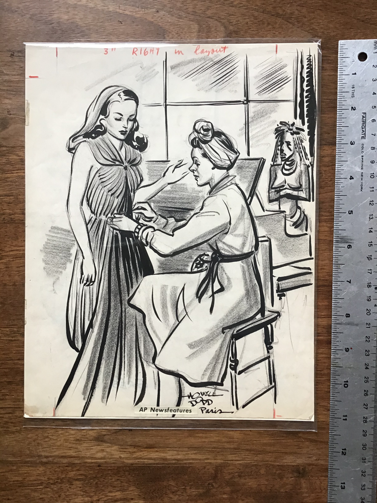 original ink drawing of Madame Gres at work