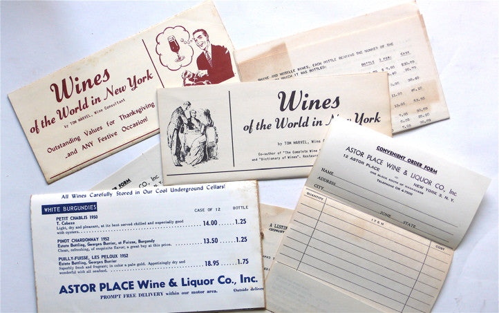 Collection of ephemera relating to wine in NYC, mostly from Astor Place Wines