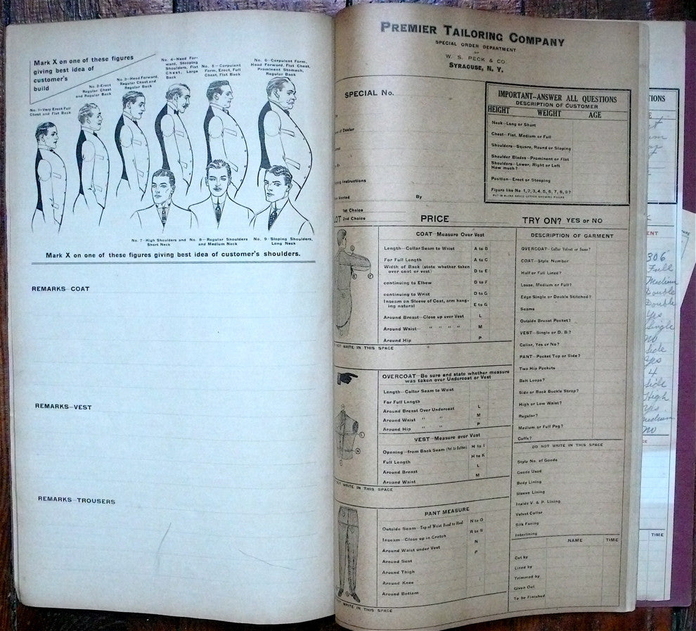 Premier Tailoring Company Ordering Blank book W. S. Peck