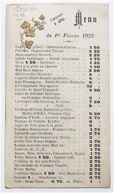 Menu  1er Fevrier 1923