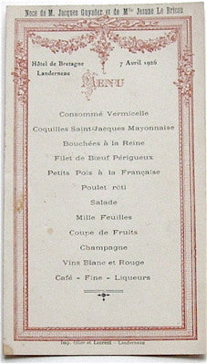 Menu  7 Avril 1926